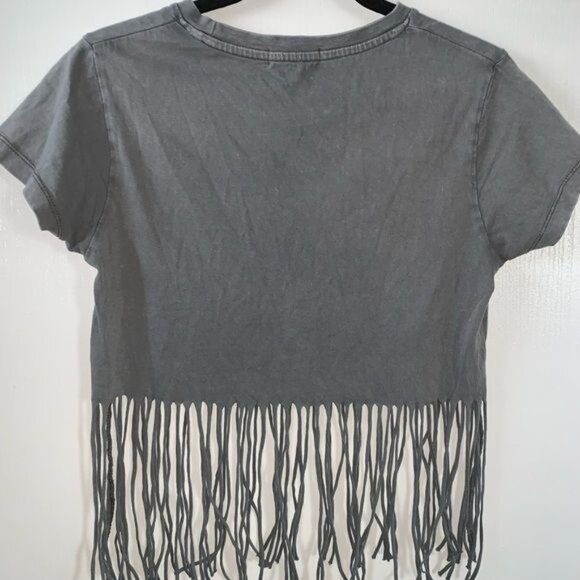 World Tour Fringe Hem Graphic Crop Top XS Full Tilt 100% Cotton Gray Eagle & Ros - Picture 6 of 8